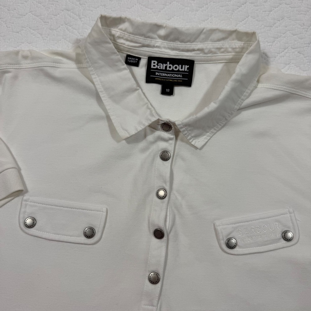 Barbour International Women Polo Shirt SZ 14 Pique Snap Pocket White‎ GUC